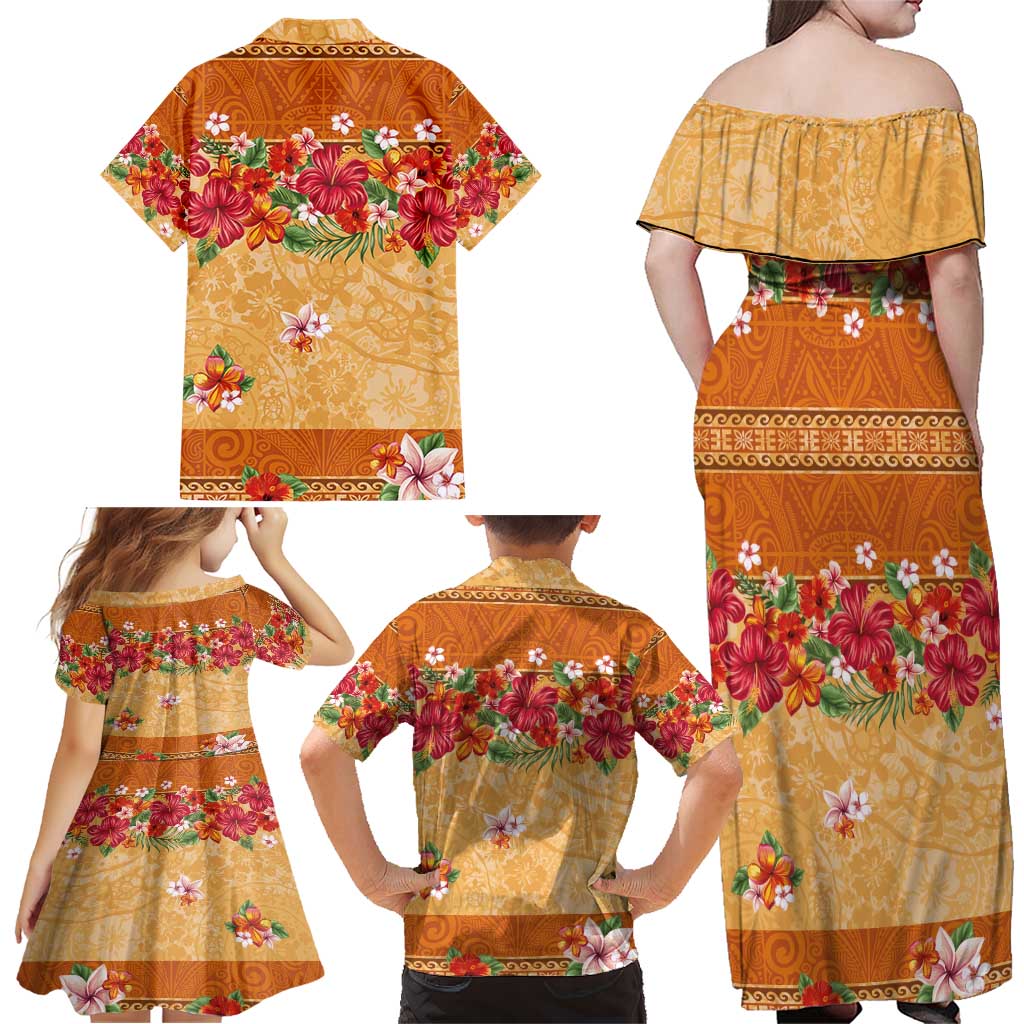 Hawaii Hibiscus Family Matching Off Shoulder Maxi Dress and Hawaiian Shirt Turtles and Tribal Motifs Vintage Floral Style LT03 - Polynesian Pride