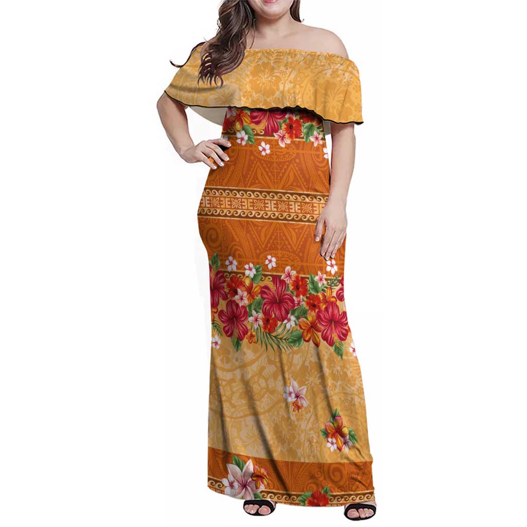 Hawaii Hibiscus Family Matching Off Shoulder Maxi Dress and Hawaiian Shirt Turtles and Tribal Motifs Vintage Floral Style LT03 Mom's Dress Yellow - Polynesian Pride