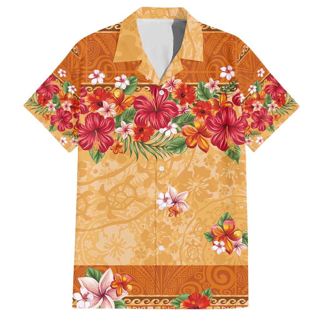 Hawaii Hibiscus Family Matching Off Shoulder Short Dress and Hawaiian Shirt Turtles and Tribal Motifs Vintage Floral Style