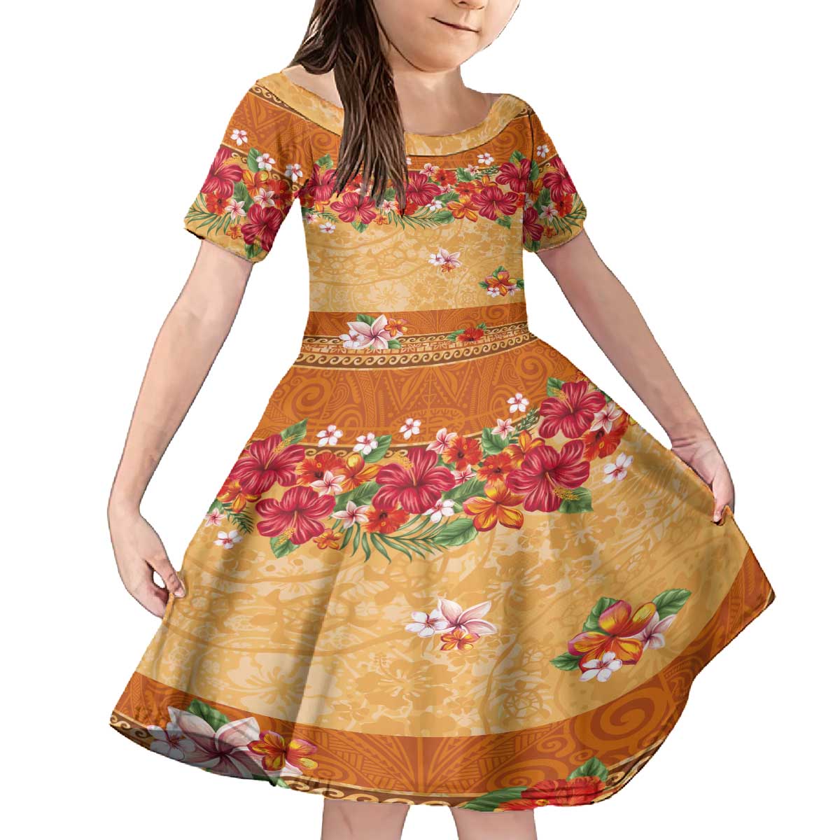 Hawaii Hibiscus Family Matching Puletasi and Hawaiian Shirt Turtles and Tribal Motifs Vintage Floral Style LT03 Daughter's Dress Yellow - Polynesian Pride