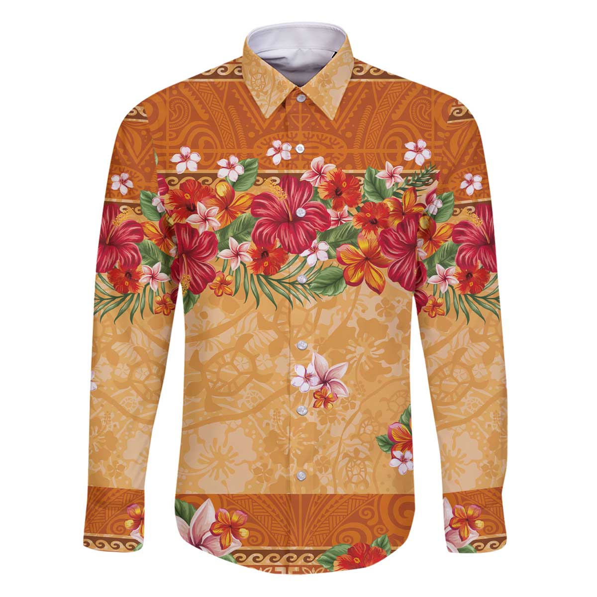 Hawaii Hibiscus Family Matching Puletasi and Hawaiian Shirt Turtles and Tribal Motifs Vintage Floral Style LT03 Dad's Shirt - Long Sleeve Yellow - Polynesian Pride