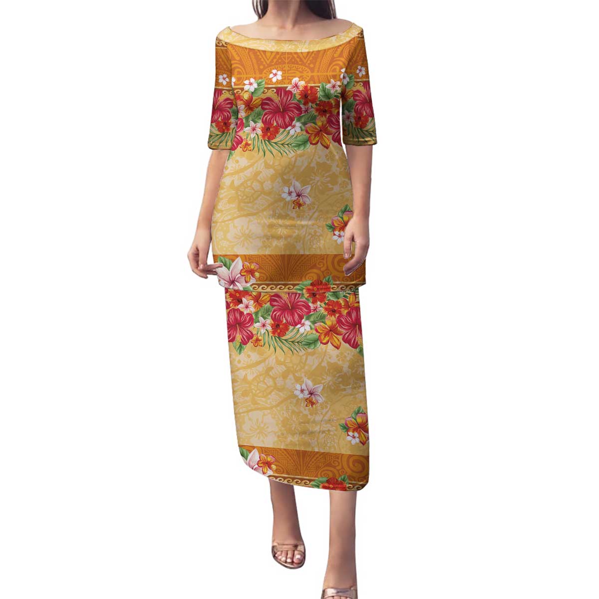 Hawaii Hibiscus Family Matching Puletasi and Hawaiian Shirt Turtles and Tribal Motifs Vintage Floral Style LT03 Mom's Dress Yellow - Polynesian Pride
