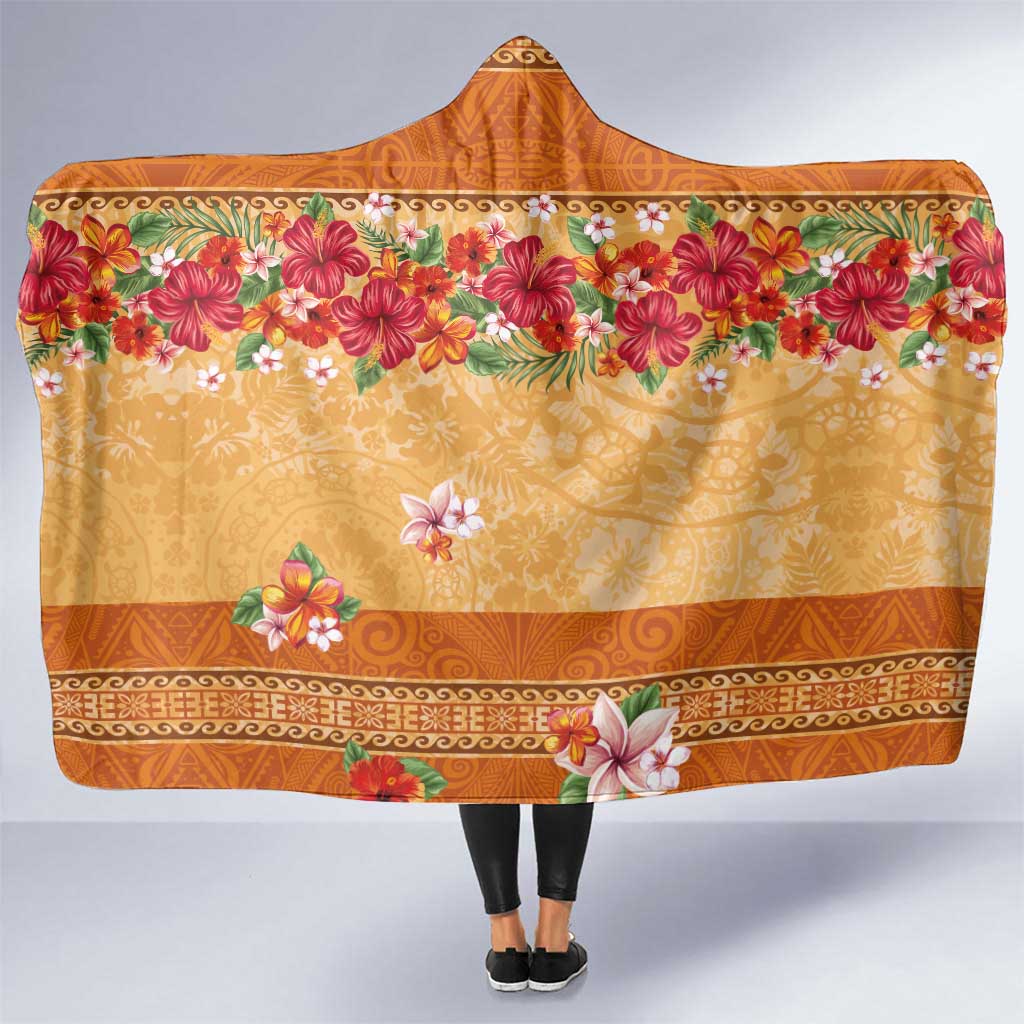 Hawaii Hibiscus Hooded Blanket Turtles and Tribal Motifs Vintage Floral Style LT03 One Size Yellow - Polynesian Pride
