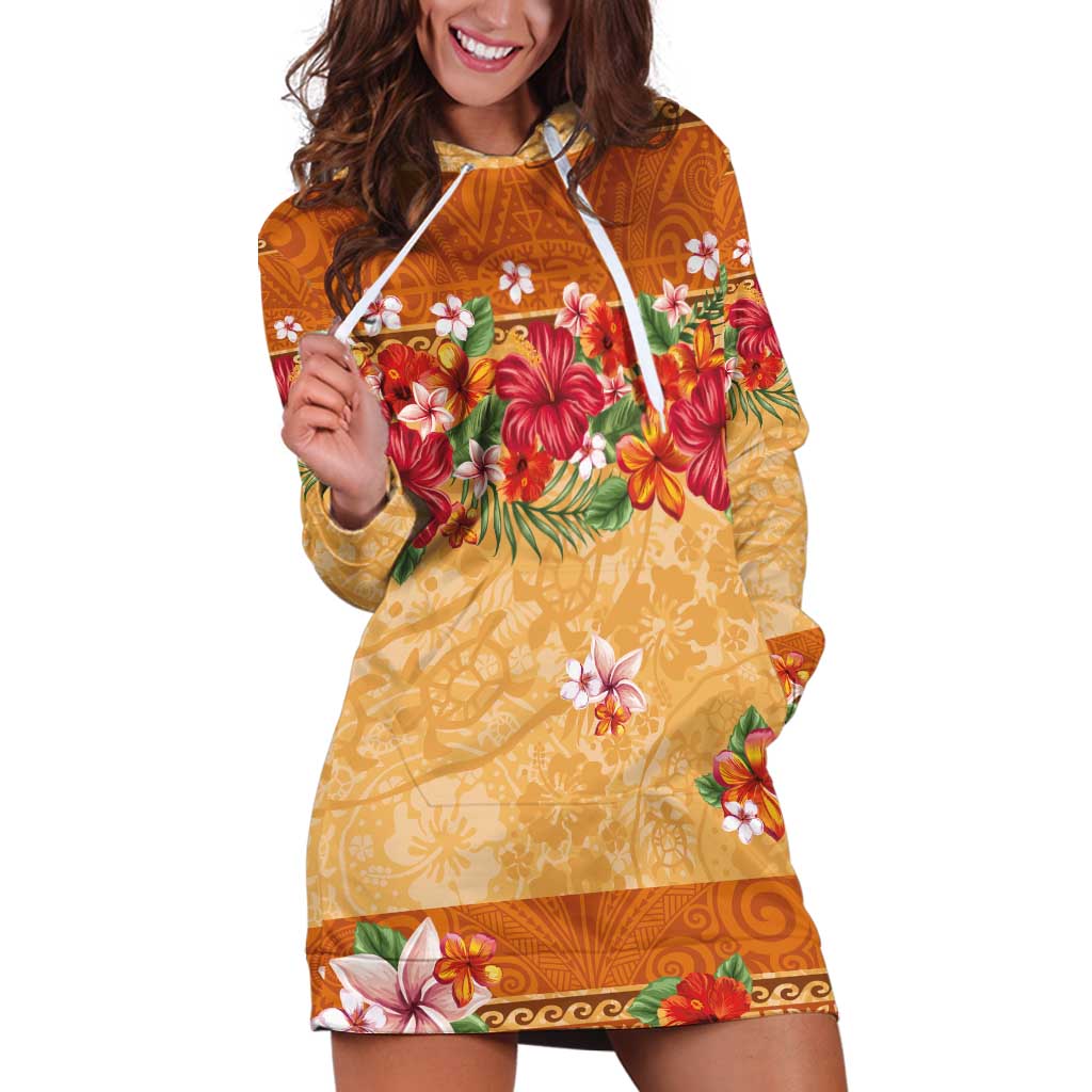 Hawaii Hibiscus Hoodie Dress Turtles and Tribal Motifs Vintage Floral Style LT03 Yellow - Polynesian Pride