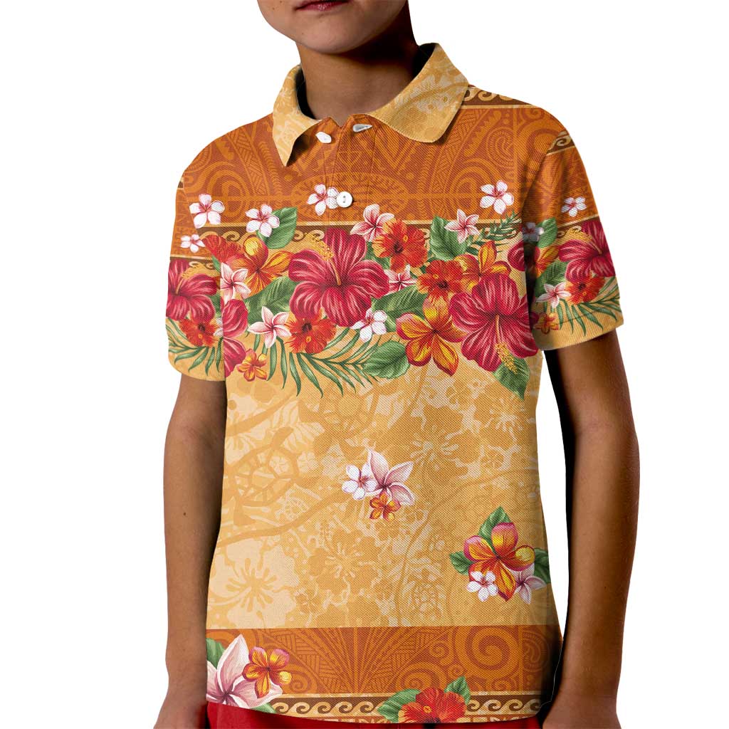 Hawaii Hibiscus Kid Polo Shirt Turtles and Tribal Motifs Vintage Floral Style LT03 Kid Yellow - Polynesian Pride