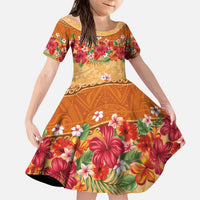 Hawaii Hibiscus Kid Short Sleeve Dress Turtles and Tribal Motifs Vintage Floral Style LT03 KID Yellow - Polynesian Pride