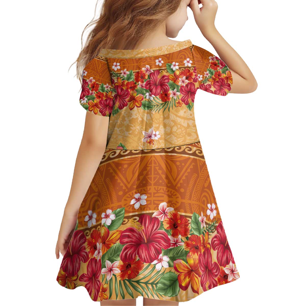 Hawaii Hibiscus Kid Short Sleeve Dress Turtles and Tribal Motifs Vintage Floral Style LT03 - Polynesian Pride