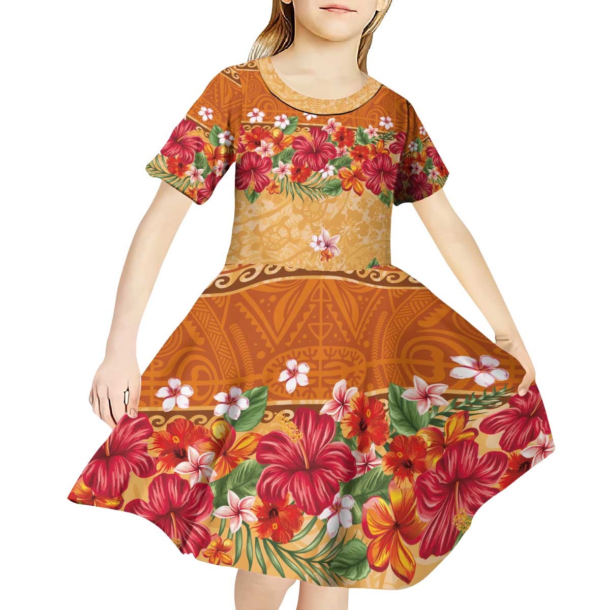 Hawaii Hibiscus Kid Short Sleeve Dress Turtles and Tribal Motifs Vintage Floral Style LT03 - Polynesian Pride