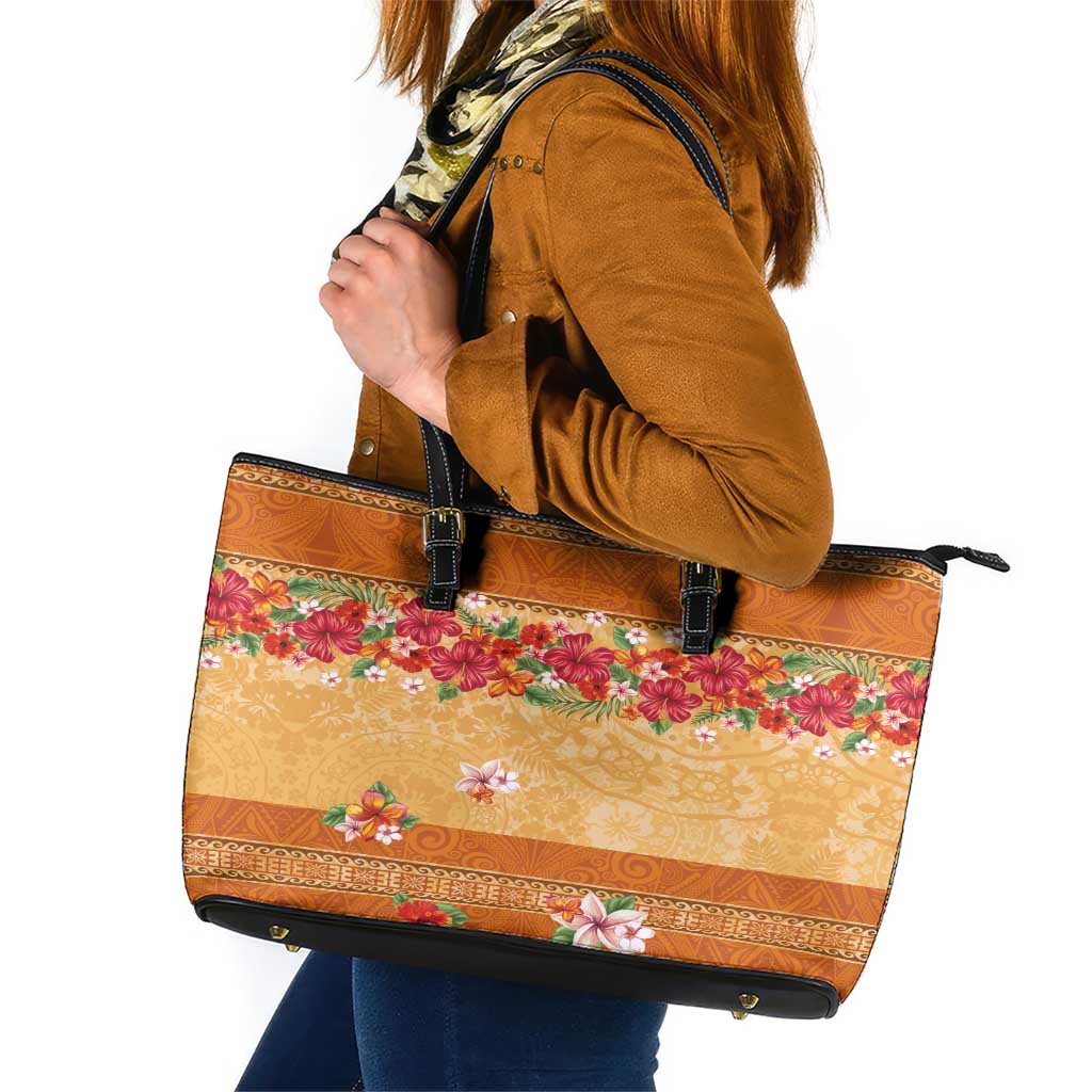 Hawaii Hibiscus Leather Tote Bag Turtles and Tribal Motifs Vintage Floral Style LT03 Yellow - Polynesian Pride