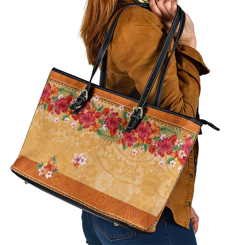 Hawaii Hibiscus Leather Tote Bag Turtles and Tribal Motifs Vintage Floral Style LT03 - Polynesian Pride