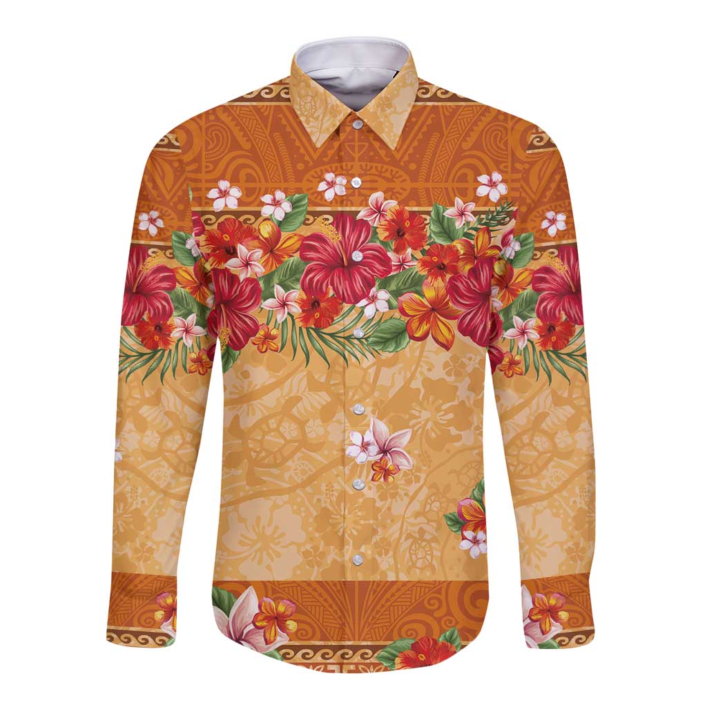 Hawaii Hibiscus Long Sleeve Button Shirt Turtles and Tribal Motifs Vintage Floral Style LT03 Unisex Yellow - Polynesian Pride