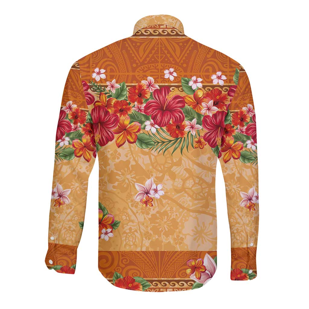 Hawaii Hibiscus Long Sleeve Button Shirt Turtles and Tribal Motifs Vintage Floral Style LT03 - Polynesian Pride