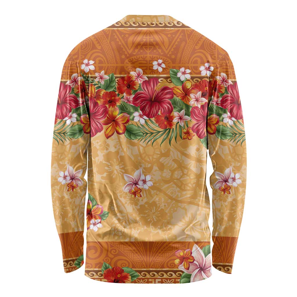 Hawaii Hibiscus Long Sleeve Shirt Turtles and Tribal Motifs Vintage Floral Style LT03 - Polynesian Pride
