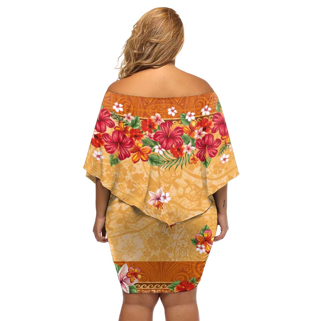 Hawaii Hibiscus Off Shoulder Short Dress Turtles and Tribal Motifs Vintage Floral Style LT03 - Polynesian Pride