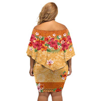 Hawaii Hibiscus Off Shoulder Short Dress Turtles and Tribal Motifs Vintage Floral Style LT03 - Polynesian Pride
