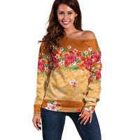 Hawaii Hibiscus Off Shoulder Sweater Turtles and Tribal Motifs Vintage Floral Style LT03 Women Yellow - Polynesian Pride