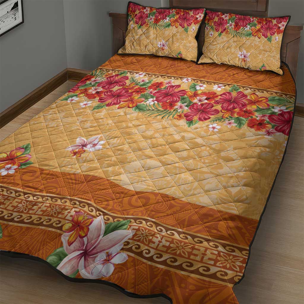 Hawaii Hibiscus Quilt Bed Set Turtles and Tribal Motifs Vintage Floral Style LT03 - Polynesian Pride