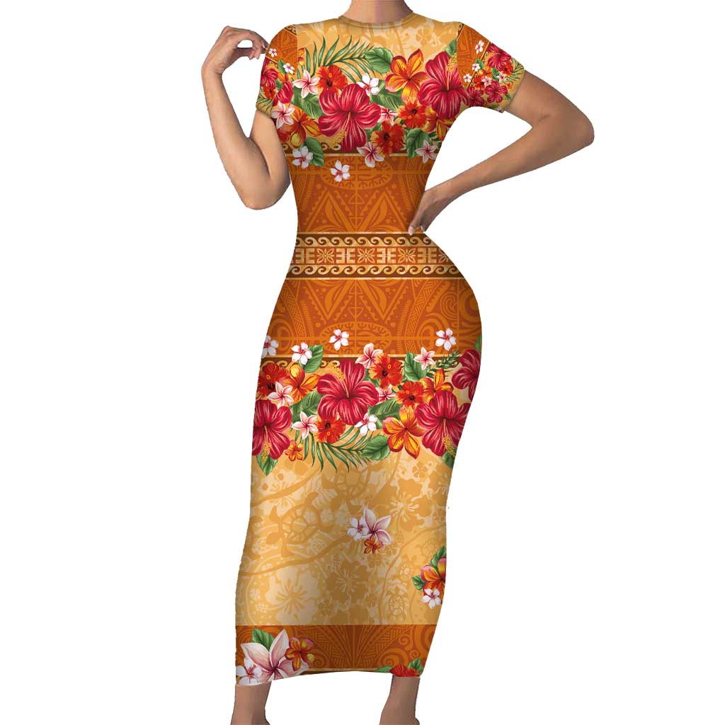 Hawaii Hibiscus Short Sleeve Bodycon Dress Turtles and Tribal Motifs Vintage Floral Style LT03 Long Dress Yellow - Polynesian Pride