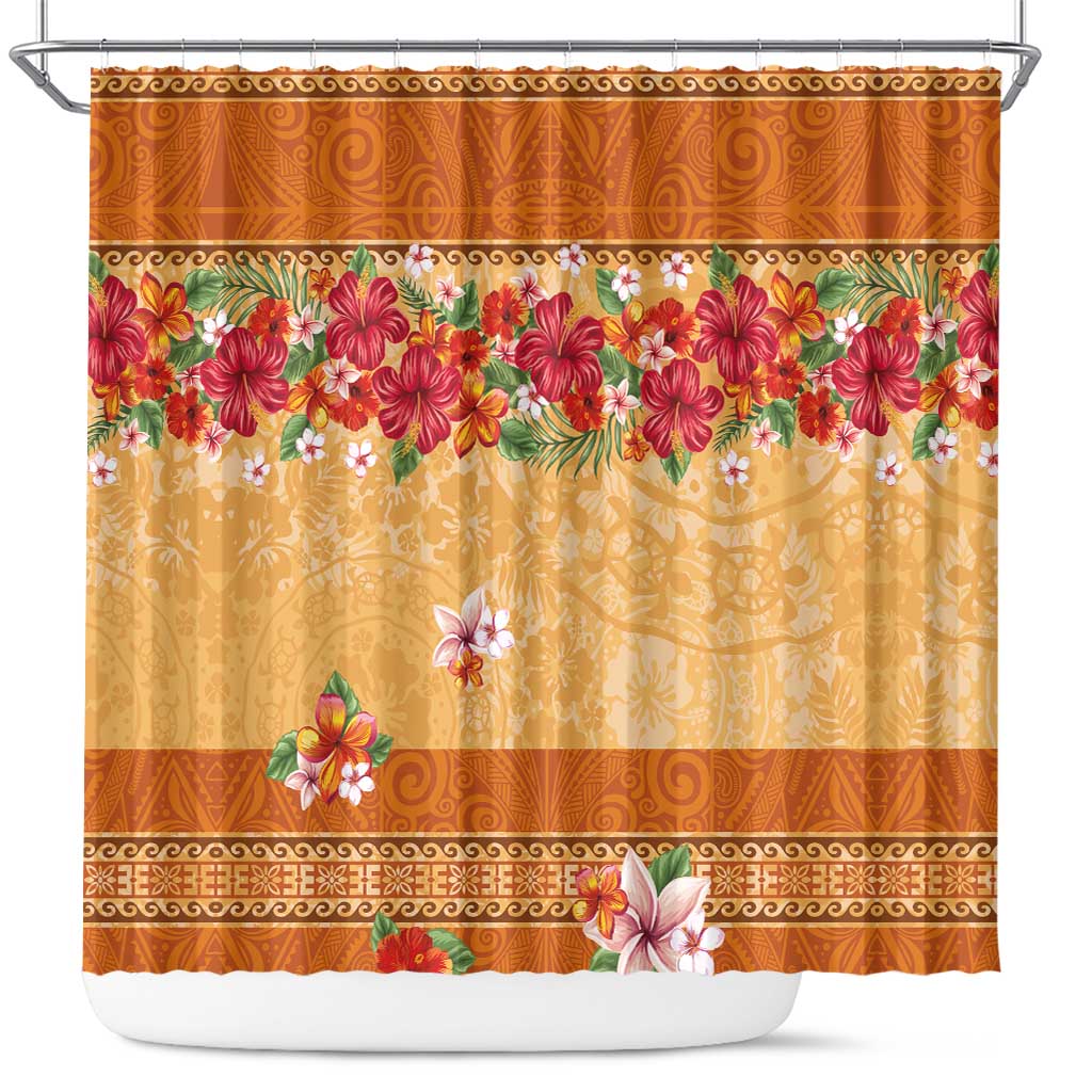 Hawaii Hibiscus Shower Curtain Turtles and Tribal Motifs Vintage Floral Style LT03 Yellow - Polynesian Pride
