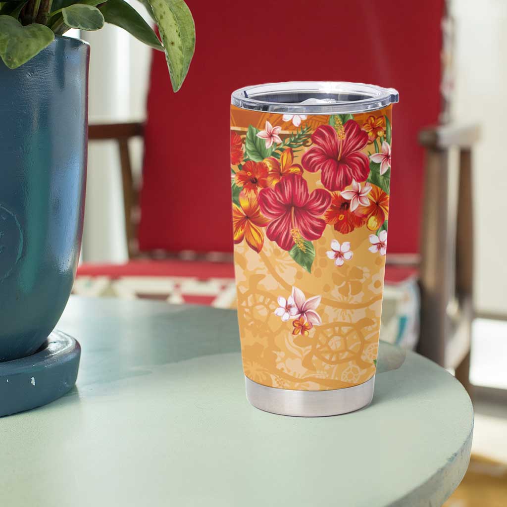 Hawaii Hibiscus Tumbler Cup Turtles and Tribal Motifs Vintage Floral Style LT03 - Polynesian Pride