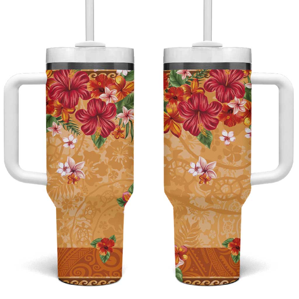 Hawaii Hibiscus Tumbler With Handle Turtles and Tribal Motifs Vintage Floral Style LT03 One Size: 40 oz Yellow - Polynesian Pride