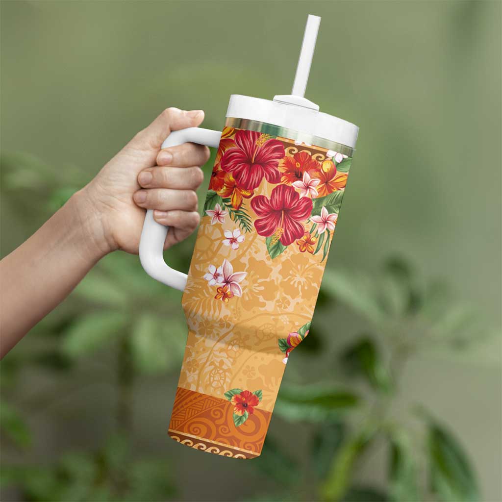 Hawaii Hibiscus Tumbler With Handle Turtles and Tribal Motifs Vintage Floral Style LT03 - Polynesian Pride
