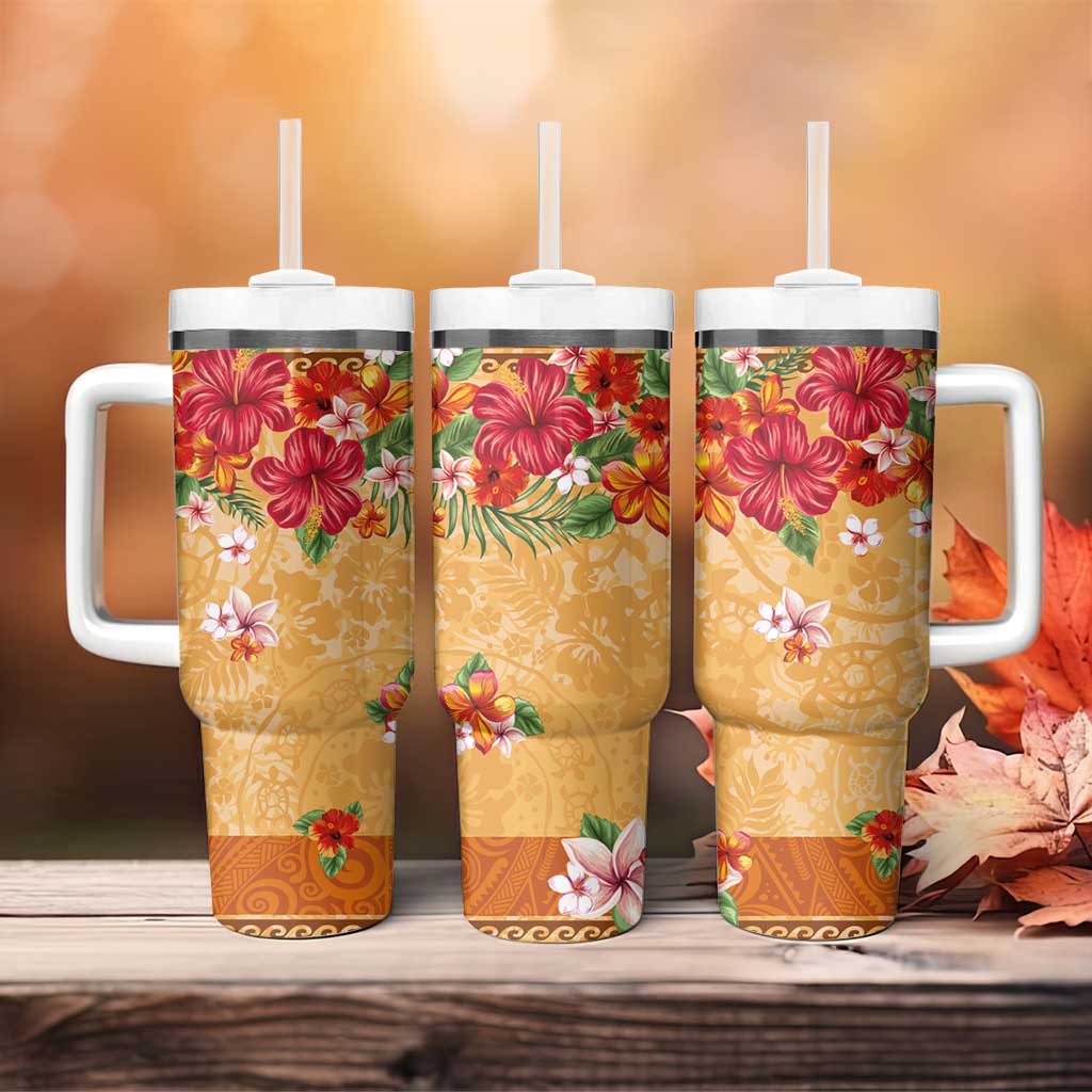 Hawaii Hibiscus Tumbler With Handle Turtles and Tribal Motifs Vintage Floral Style LT03 - Polynesian Pride
