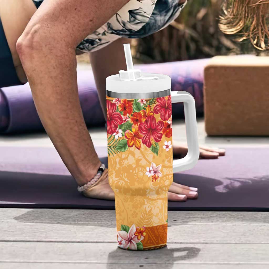 Hawaii Hibiscus Tumbler With Handle Turtles and Tribal Motifs Vintage Floral Style LT03 - Polynesian Pride