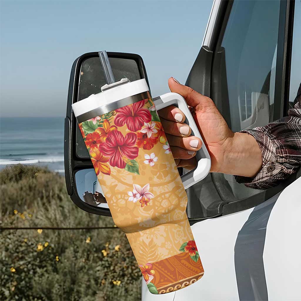 Hawaii Hibiscus Tumbler With Handle Turtles and Tribal Motifs Vintage Floral Style LT03 - Polynesian Pride