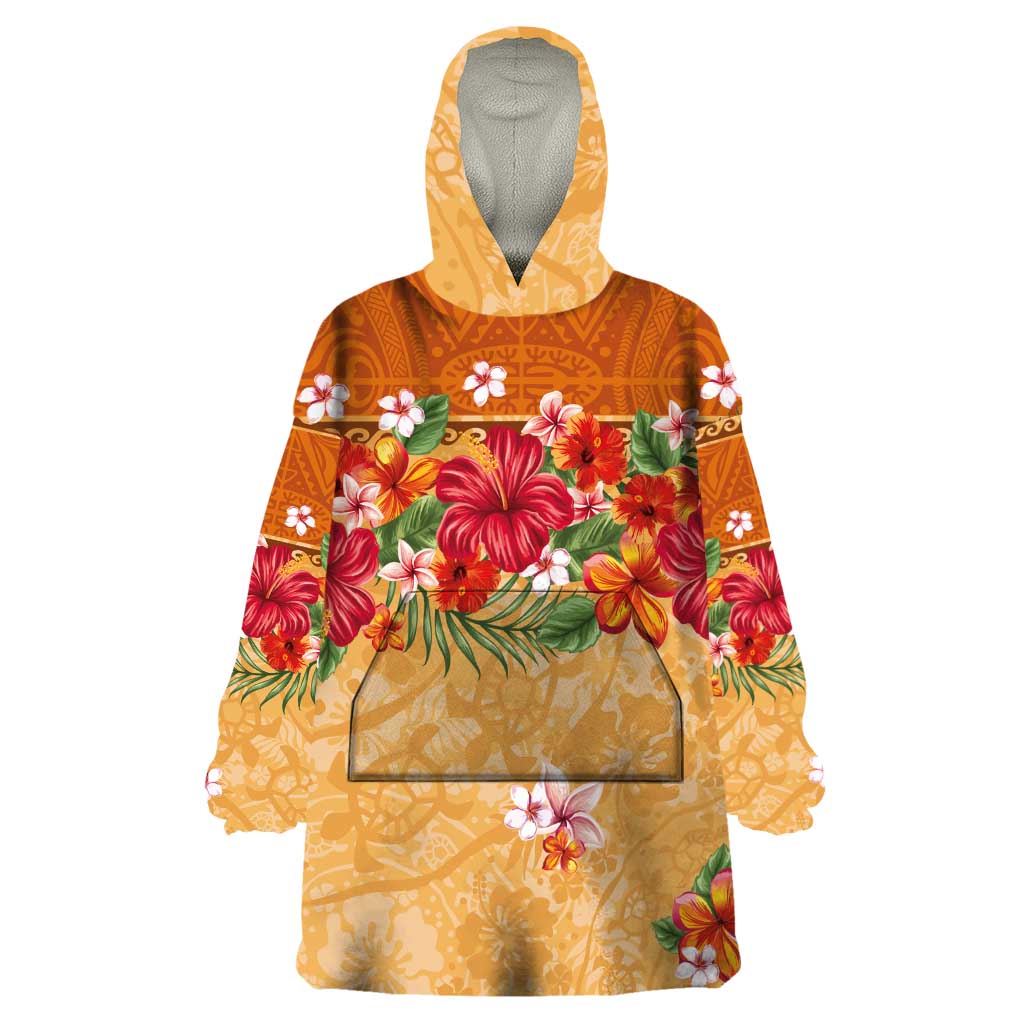 Hawaii Hibiscus Wearable Blanket Hoodie Turtles and Tribal Motifs Vintage Floral Style LT03 One Size Yellow - Polynesian Pride