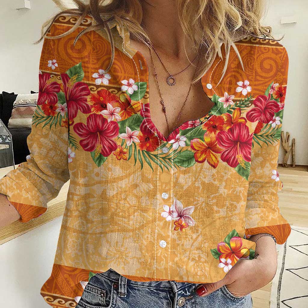 Hawaii Hibiscus Women Casual Shirt Turtles and Tribal Motifs Vintage Floral Style LT03 Female Yellow - Polynesian Pride