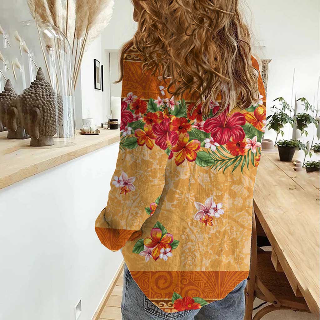 Hawaii Hibiscus Women Casual Shirt Turtles and Tribal Motifs Vintage Floral Style LT03 - Polynesian Pride