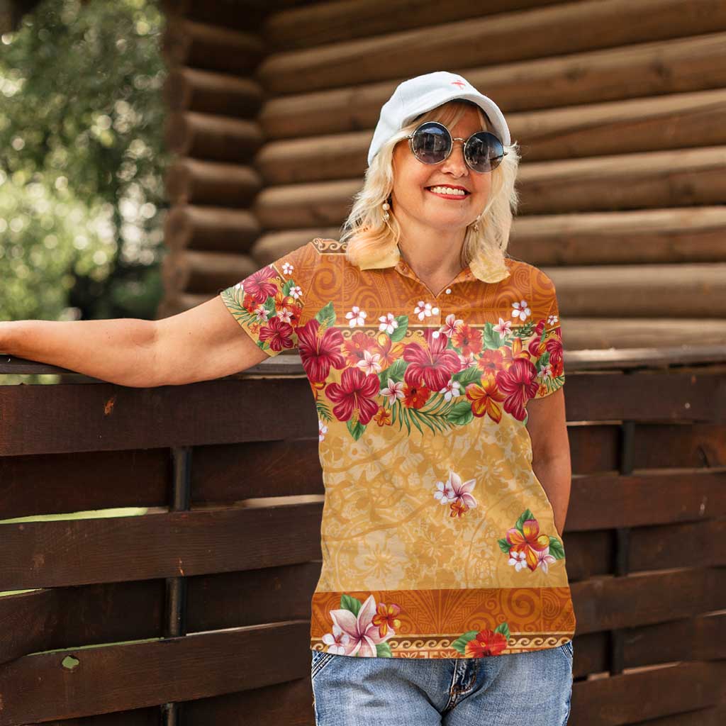 Hawaii Hibiscus Women Polo Shirt Turtles and Tribal Motifs Vintage Floral Style