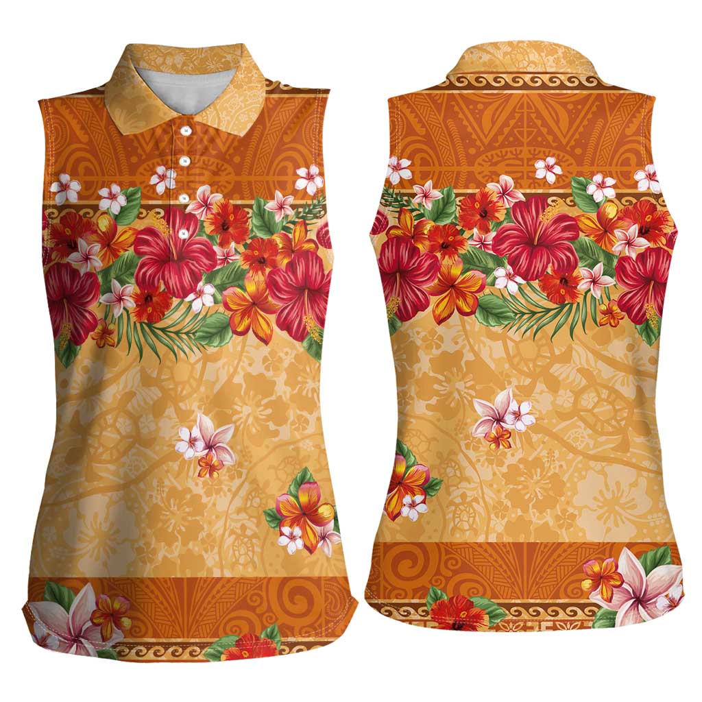 Hawaii Hibiscus Women Sleeveless Polo Shirt Turtles and Tribal Motifs Vintage Floral Style LT03 - Polynesian Pride