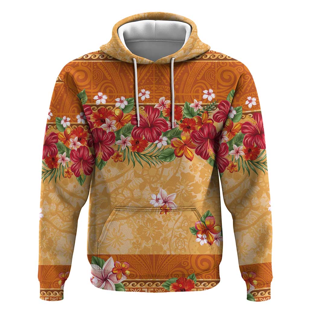 Hawaii Hibiscus Zip Hoodie Turtles and Tribal Motifs Vintage Floral Style LT03 Pullover Hoodie Yellow - Polynesian Pride