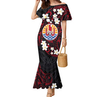 French Polynesia Tiare Day Family Matching Mermaid Dress and Hawaiian Shirt Seal and Polynesian Pattern LT03 Mom's Dress Black - Polynesian Pride