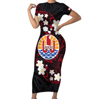 French Polynesia Tiare Day Family Matching Short Sleeve Bodycon Dress and Hawaiian Shirt Seal and Polynesian Pattern LT03 Mom's Dress Black - Polynesian Pride