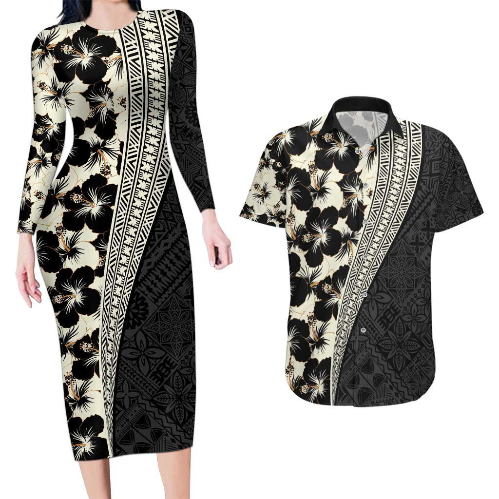 Bula Hibiscus Festival Couples Matching Long Sleeve Bodycon Dress and Hawaiian Shirt Tapa Pattern Half Style LT03 Beige - Polynesian Pride