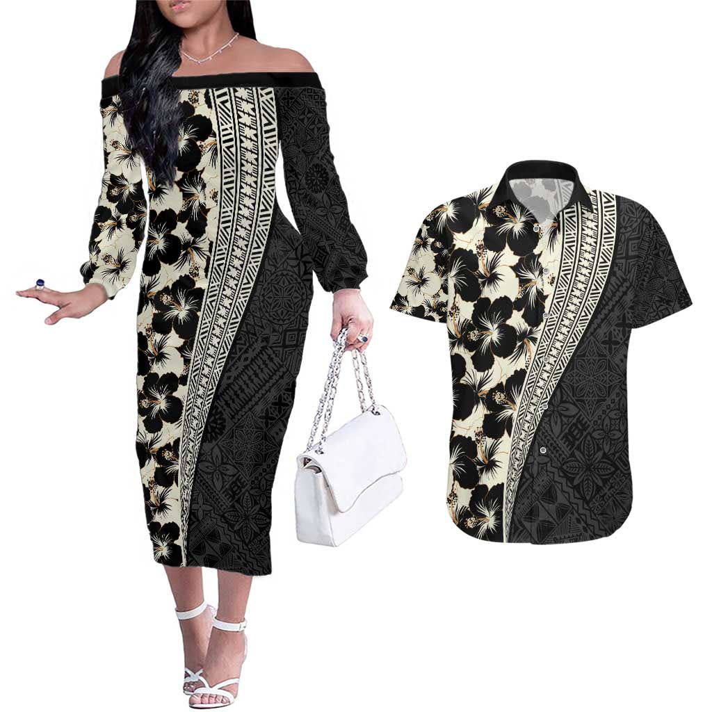 Bula Hibiscus Festival Couples Matching Off The Shoulder Long Sleeve Dress and Hawaiian Shirt Tapa Pattern Half Style LT03 Beige - Polynesian Pride