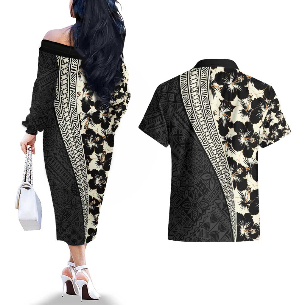 Bula Hibiscus Festival Couples Matching Off The Shoulder Long Sleeve Dress and Hawaiian Shirt Tapa Pattern Half Style LT03 - Polynesian Pride