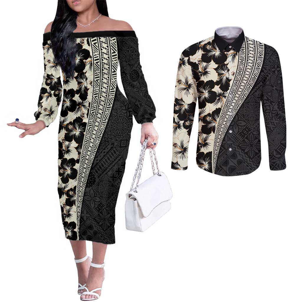 Bula Hibiscus Festival Couples Matching Off The Shoulder Long Sleeve Dress and Long Sleeve Button Shirt Tapa Pattern Half Style