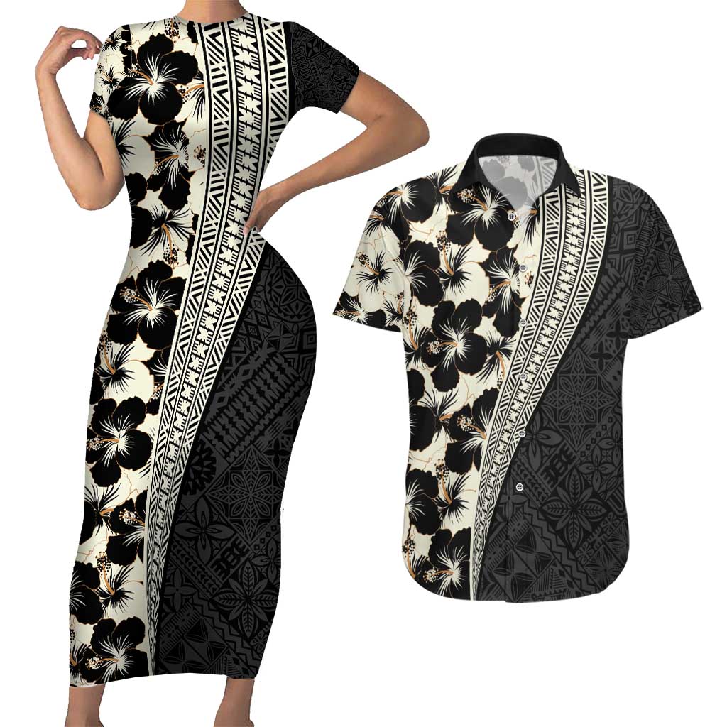 Bula Hibiscus Festival Couples Matching Short Sleeve Bodycon Dress and Hawaiian Shirt Tapa Pattern Half Style LT03 Beige - Polynesian Pride