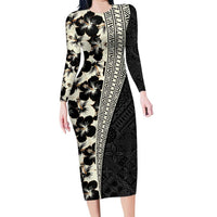 Bula Hibiscus Festival Family Matching Long Sleeve Bodycon Dress and Hawaiian Shirt Tapa Pattern Half Style LT03 Mom's Dress Beige - Polynesian Pride