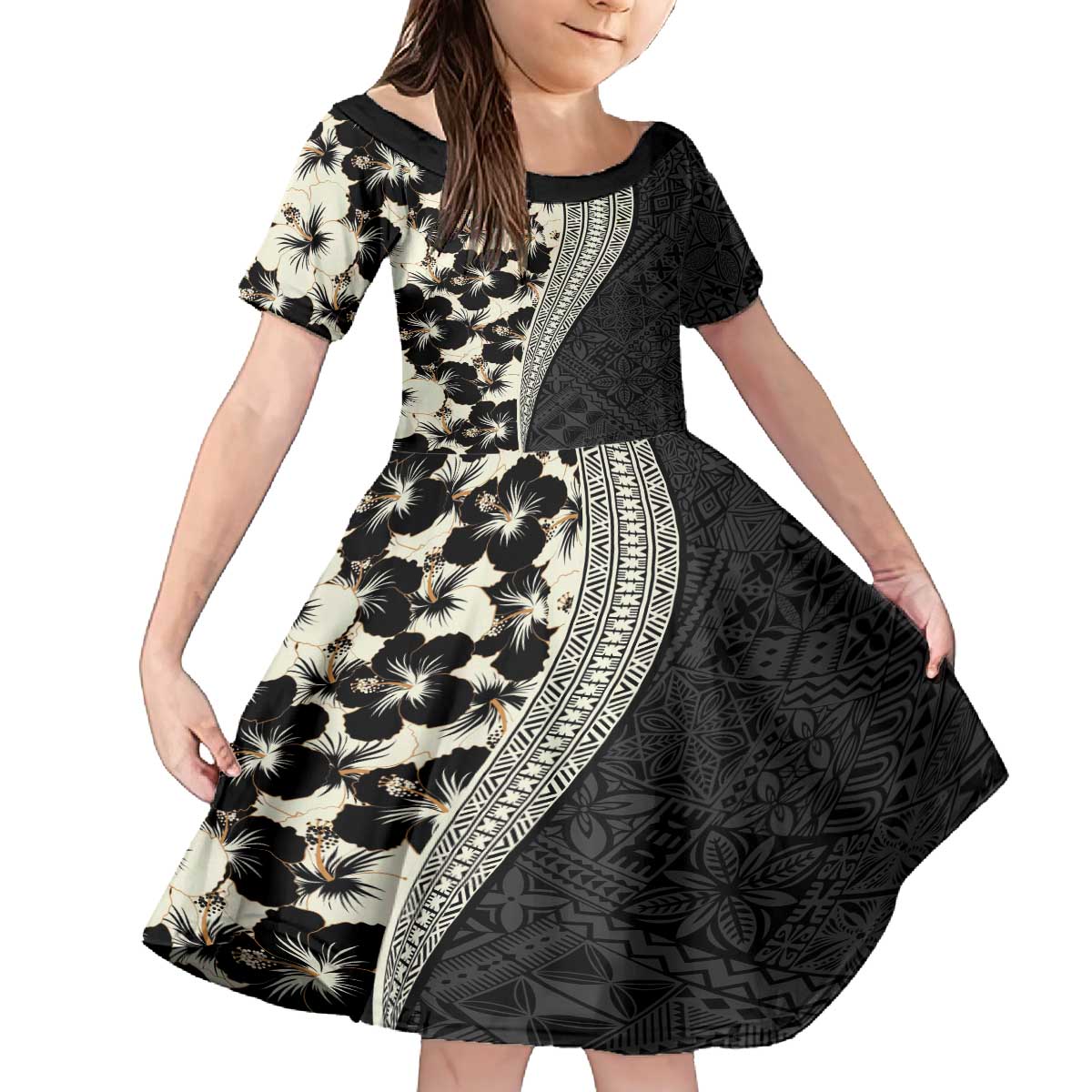 Bula Hibiscus Festival Family Matching Off The Shoulder Long Sleeve Dress and Hawaiian Shirt Tapa Pattern Half Style LT03 Daughter's Dress Beige - Polynesian Pride