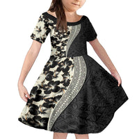 Bula Hibiscus Festival Family Matching Off The Shoulder Long Sleeve Dress and Hawaiian Shirt Tapa Pattern Half Style LT03 Daughter's Dress Beige - Polynesian Pride