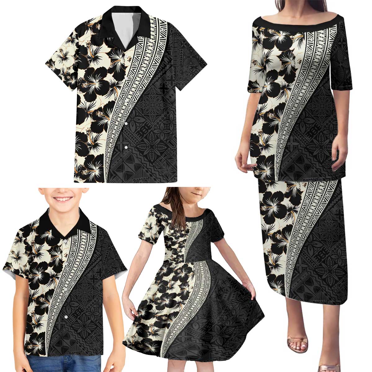 Bula Hibiscus Festival Family Matching Puletasi and Hawaiian Shirt Tapa Pattern Half Style LT03 - Polynesian Pride