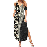 Bula Hibiscus Festival Family Matching Summer Maxi Dress and Hawaiian Shirt Tapa Pattern Half Style LT03 Mom's Dress Beige - Polynesian Pride