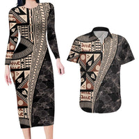 Bula Hibiscus Festival Couples Matching Long Sleeve Bodycon Dress and Hawaiian Shirt Fijian Masi Pattern Half Style LT03 Beige - Polynesian Pride