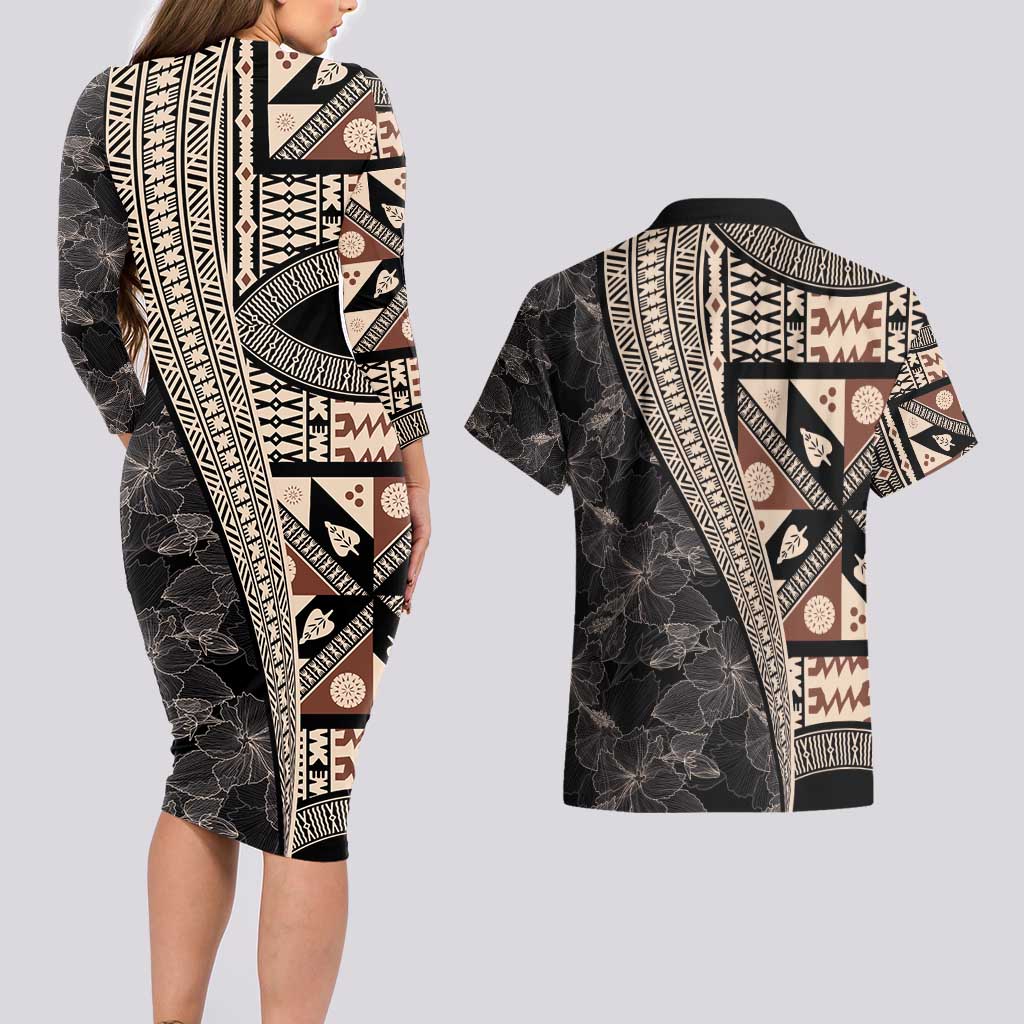 Bula Hibiscus Festival Couples Matching Long Sleeve Bodycon Dress and Hawaiian Shirt Fijian Masi Pattern Half Style LT03 - Polynesian Pride
