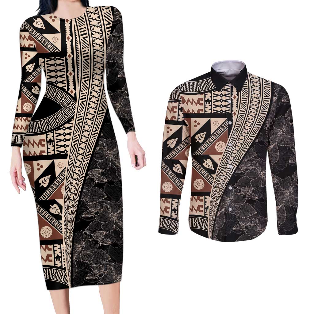 Bula Hibiscus Festival Couples Matching Long Sleeve Bodycon Dress and Long Sleeve Button Shirt Fijian Masi Pattern Half Style LT03 Beige - Polynesian Pride
